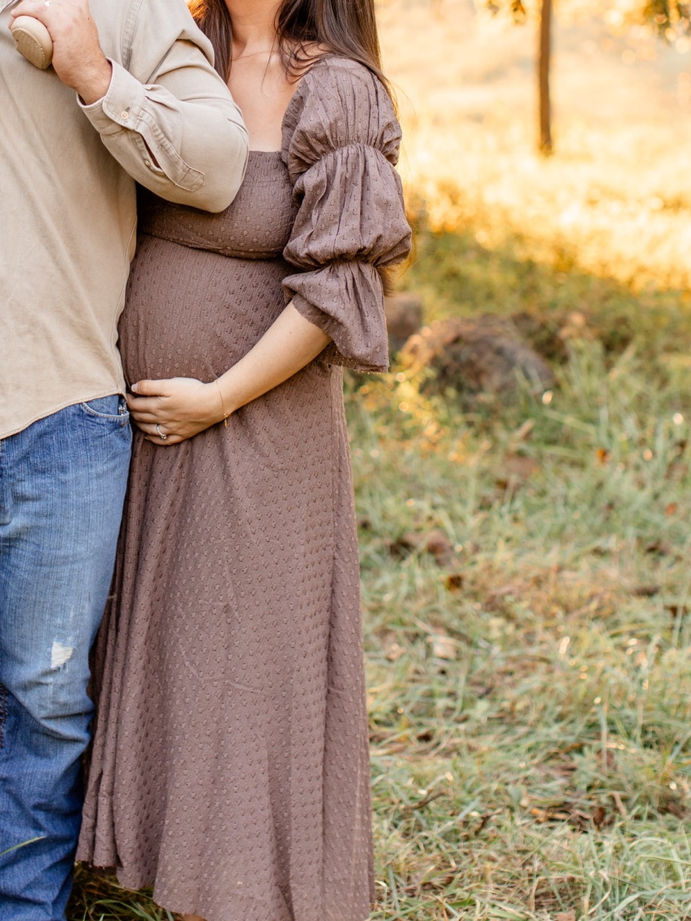 Worth Collective Smocked Midi Maternity Dress with Puff Sleeves - Taupe - Picture 2 of 2